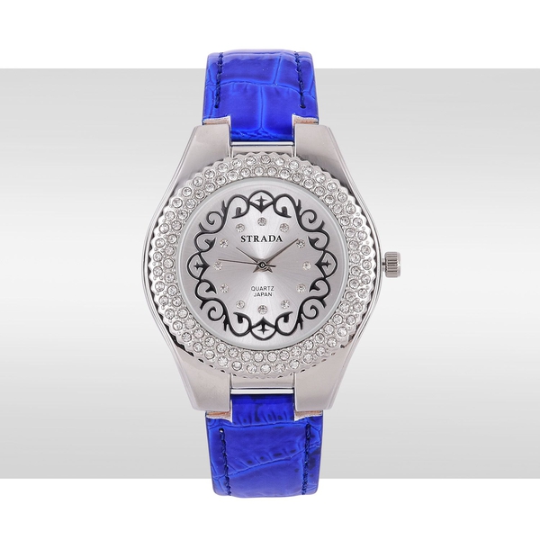 STRADA Japanese Movement White Austrian Crystal Studded Silver Dial Water Resistant Watch in Silver Tone with Stainless Steel Back and Blue Colour Strap