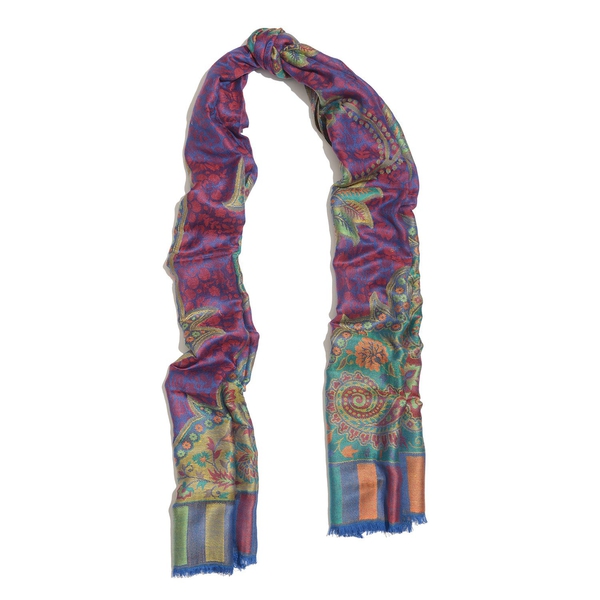 100% Superfine Modal Purple, Green and Multi Colour Floral and Paisley Pattern Jacquard Scarf (Size 190x70 Cm)