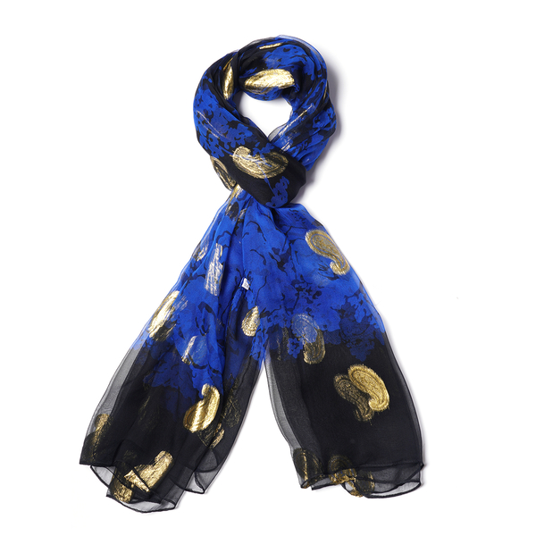 LA MAREY 100% Mulberry Silk Dark Blue Scarf with Golden Embroidery (180x110cm)