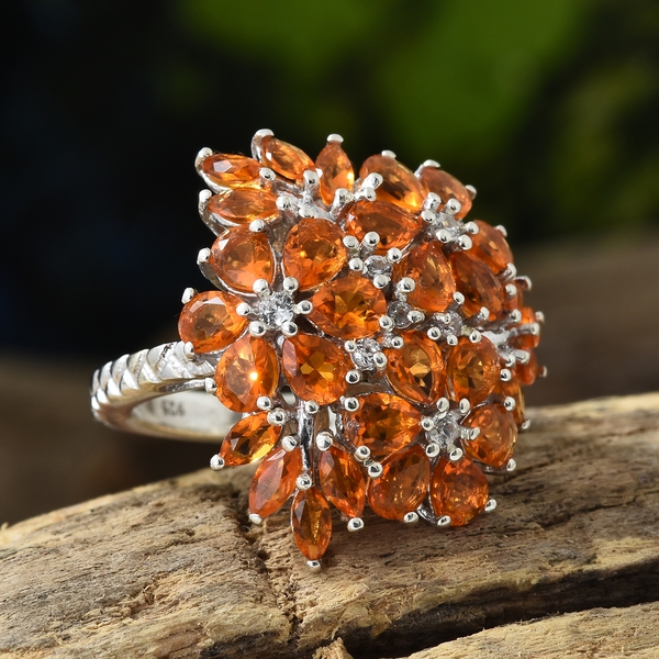 Jalisco Fire Opal (Pear), Natural Cambodian Zircon Cluster Ring in Platinum Overlay Sterling Silver 2.500 Ct, Silver wt 5.00 Gms.