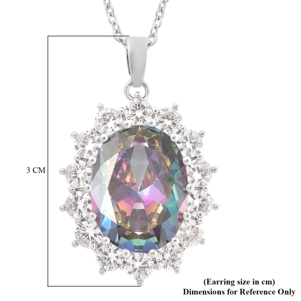 Simulated Mystic Topaz and Simulated Diamond Pendant with Chain (Size 20 with 2 Inch Extender) in Silver Tone