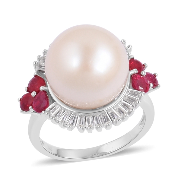 24.55 Ct Pearl and Multi Gemstone Classic Ring in Rhodium Plated Silver 5 Grams