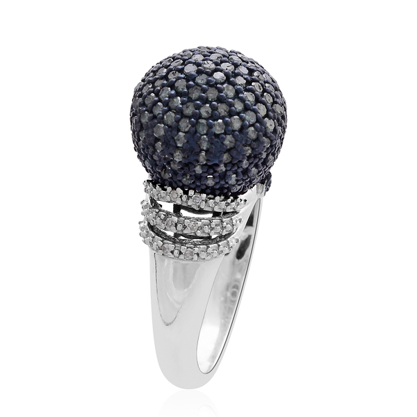Blue Diamond (Rnd), White Diamond Dome Ring in Platinum Overlay Sterling Silver 1.000 Ct.