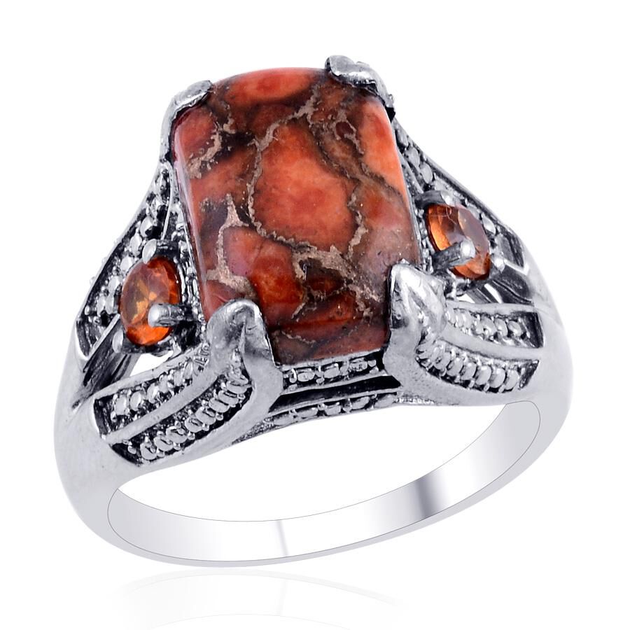 Rainbow Calsilica (Cush 6.00 Ct), Simulated Orange Sapphire Ring in Platinum Bond 6.500 Ct.