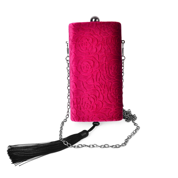 Fuchsia Colour Rose Pattern Velvet Clutch Bag with Chain Strap in Black Tone (Size 16X8.5X5.5 Cm)