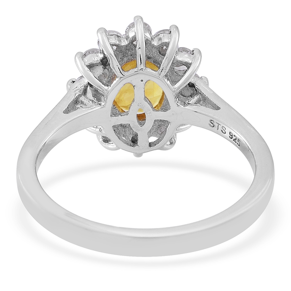 Yellow Sapphire (Ovl 1.75 Ct), Natural White Cambodian Zircon Ring in Rhodium Plated Sterling Silver 2.500 Ct.