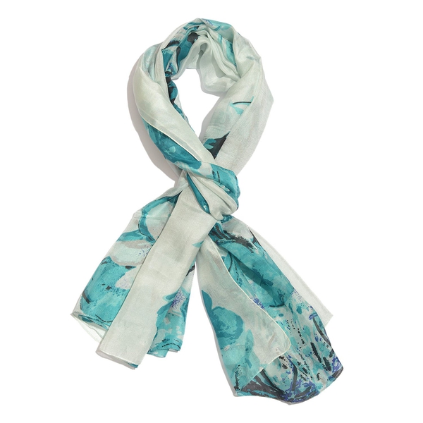 100% Mulberry Silk Turquoise, White and Multi Colour Handscreen Floral Printed Scarf (Size 200X180 C