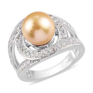 South Sea Pearl and Natural Cambodian Zircon Ring in Platinum Overlay Sterling Silver