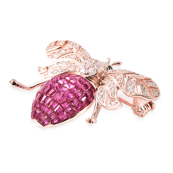 Lustro Stella - Simulated Ruby, Simulated Diamond and Simulated Emerald Pendant or Brooch in Rose Gold Overlay Sterling Silver, Silver Wt 6.30 Gms