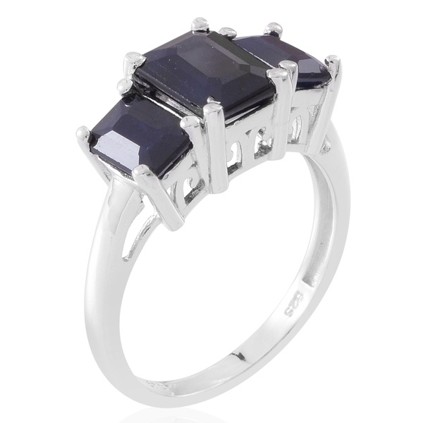 Madagascar Blue Sapphire (Oct 3.78 Ct) 3 Stone Ring in Rhodium Plated Sterling Silver 6.780 Ct.