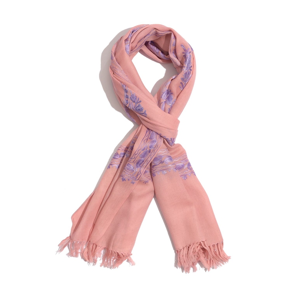 100% Wool Floral and Paisley Pattern Purple Colour Embroidered Peach Colour Scarf (Size 180x70 Cm)