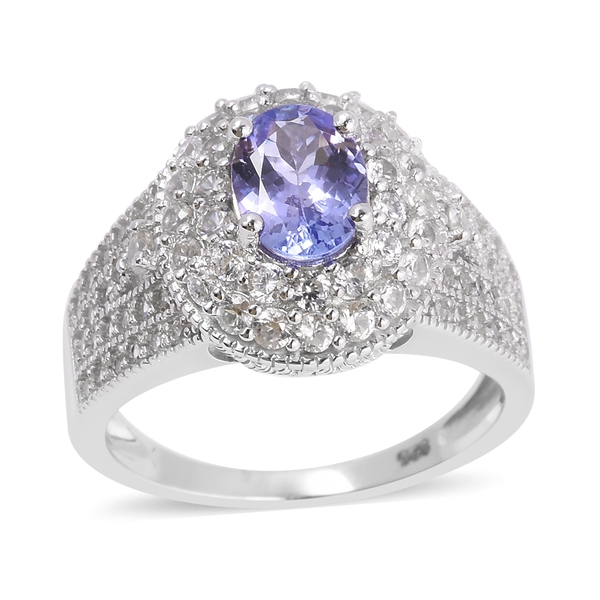 3.40 Ct Tanzanite and Cambodian Zircon Halo Ring in Rhodium Plated Silver 5.09 Grams