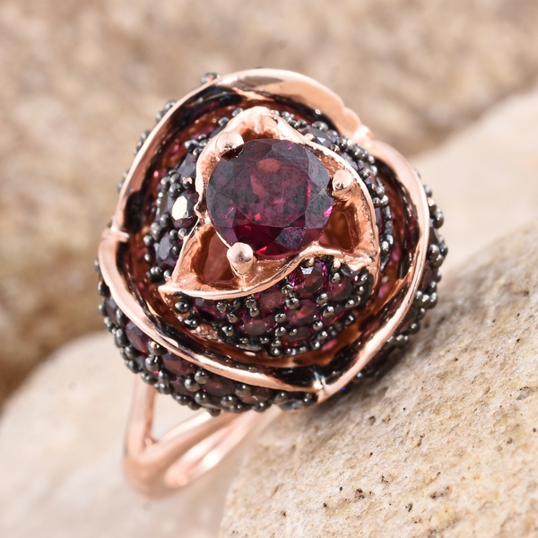 Designer Inspired-Rhodolite Garnet (Rnd) LOTUS Ring in Black Rhodium and Rose Gold Overlay Sterling Silver 5.750 Ct. Silver wt. 7.80 Gms. Number of Gemstones 106