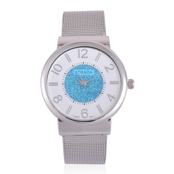 STRADA Japanese Movement Sky Blue Stardust and White Dial Water Resistant Watch in Silver Tone with 