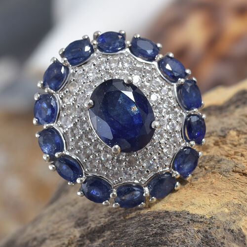 GP 8.25 Ct Sapphire and Cambodian Zircon Floral Ring in Platinum Plated