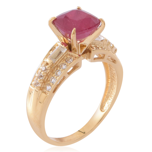 African Ruby (Cush 3.15 Ct), White Topaz Ring in 14K Gold Overlay Sterling Silver 4.150 Ct.