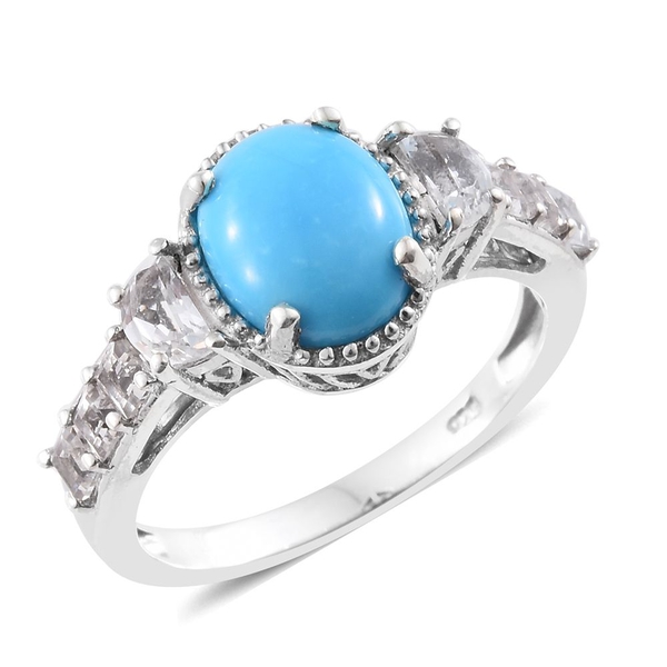 AAA Arizona Sleeping Beauty Turquoise (Ovl 2.25 Ct), D_Shape White Topaz Ring in Platinum Overlay St