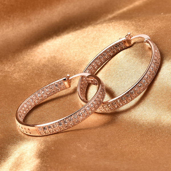 Simulated Diamond Hoop Earrings (with Clasp) in Rose Gold Tone