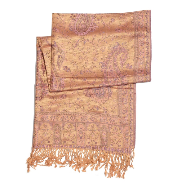 SILK MARK - 100% Superfine Silk Pink and Multi Colour Paisley and Leaves Pattern Golden Colour Jacquard Jamawar Shawl with Fringes (Size 180x70 Cm) (Weight 125-140 Grams)