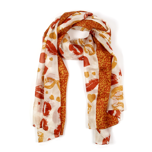 100% Mulberry Silk Burnt Orange and Multi Colour Lips Pattern Scarf (Size 180x100 Cm)