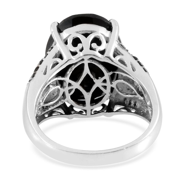 Boi Ploi Black Spinel (Ovl 10.25 Ct), Black Diamond and Diamond Ring in Platinum Overlay Sterling Silver 10.450 Ct.