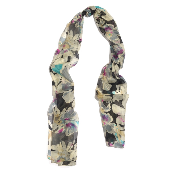 SILK MARK- Made In Kashmir 100% Mulberry Silk Black, Grey and Multi Colour Abstract Pattern Cream Colour Scarf (Size 170x50 Cm)