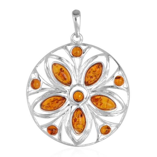Multi Colour Baltic Amber (Mrq) Floral Pendant in Sterling Silver