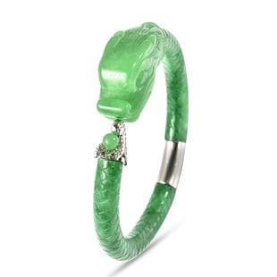 Green Jade Dragon Bangle (Size 7.5) in Rhodium Overlay Sterling Silver 211.25 Ct,