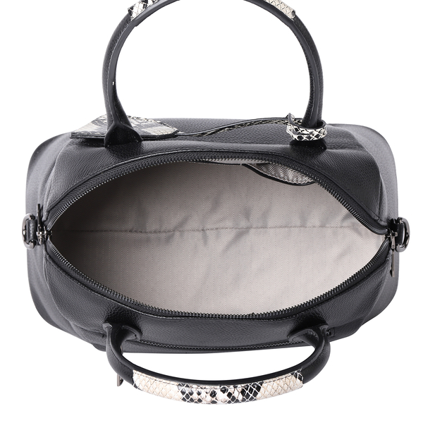 100% Genuine Leather Handbag with Detachable Shoulder Strap and Zipper Closure (Size 32x17x27 Cm) - Black