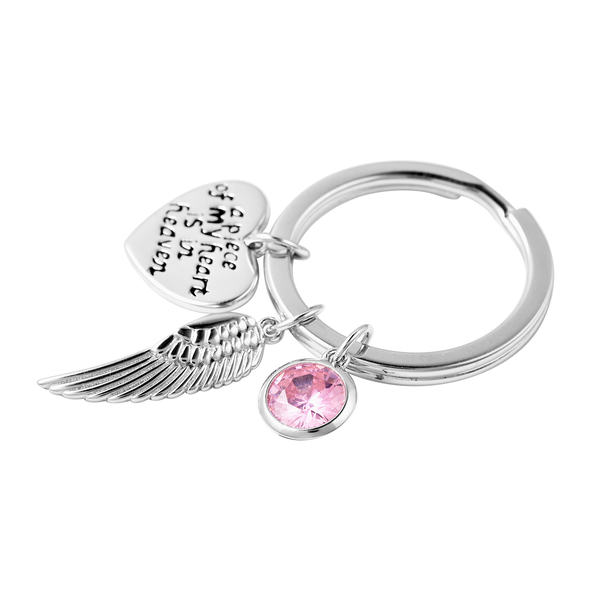 Charms De Memoire Sterling Silver Simulated Pink Tourmaline, Angel Wing and Heart Charms in Key Chain