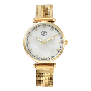 GENOA Japanese Movement White Dial Diamond Studded Water Resistant Watch with Mesh Belt in Yellow Gold Tone