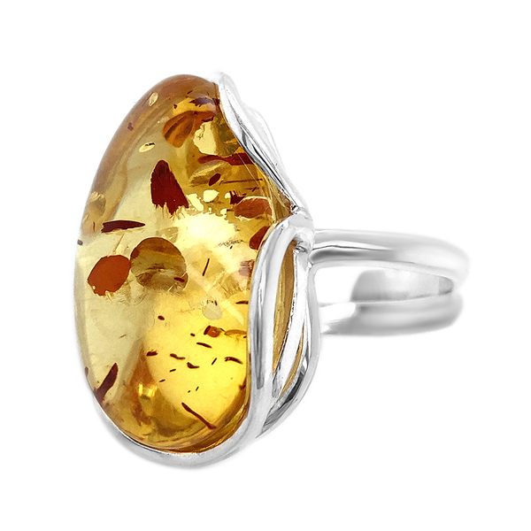 Baltic Amber (Pear) Adjustable Solitaire Ring in Sterling Silver