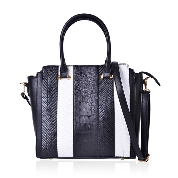 Black and White Colour Stripes Pattern Tote Bag with External Zipper Pocket and Adjustable and Remov