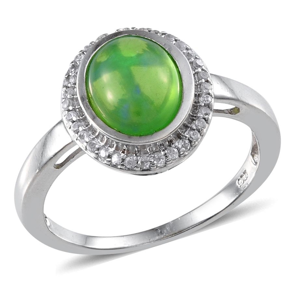 Green Ethiopian Opal (Ovl 1.00 Ct), Natural Cambodian Zircon Ring in Platinum Overlay Sterling Silve