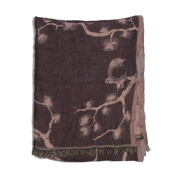 Rose Colour Bird and Branches Embroidered Burgundy Colour Scarf (Size 180x70 Cm)