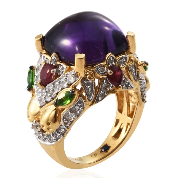GP Amethyst (Cush 9.85 Ct), Chrome Diopside, Natural Cambodian Zircon and Kanchanaburi Blue Sapphire Ring in 14K Gold Overlay Sterling Silver 12.250 Ct. Silver wt 7.66 Gms.