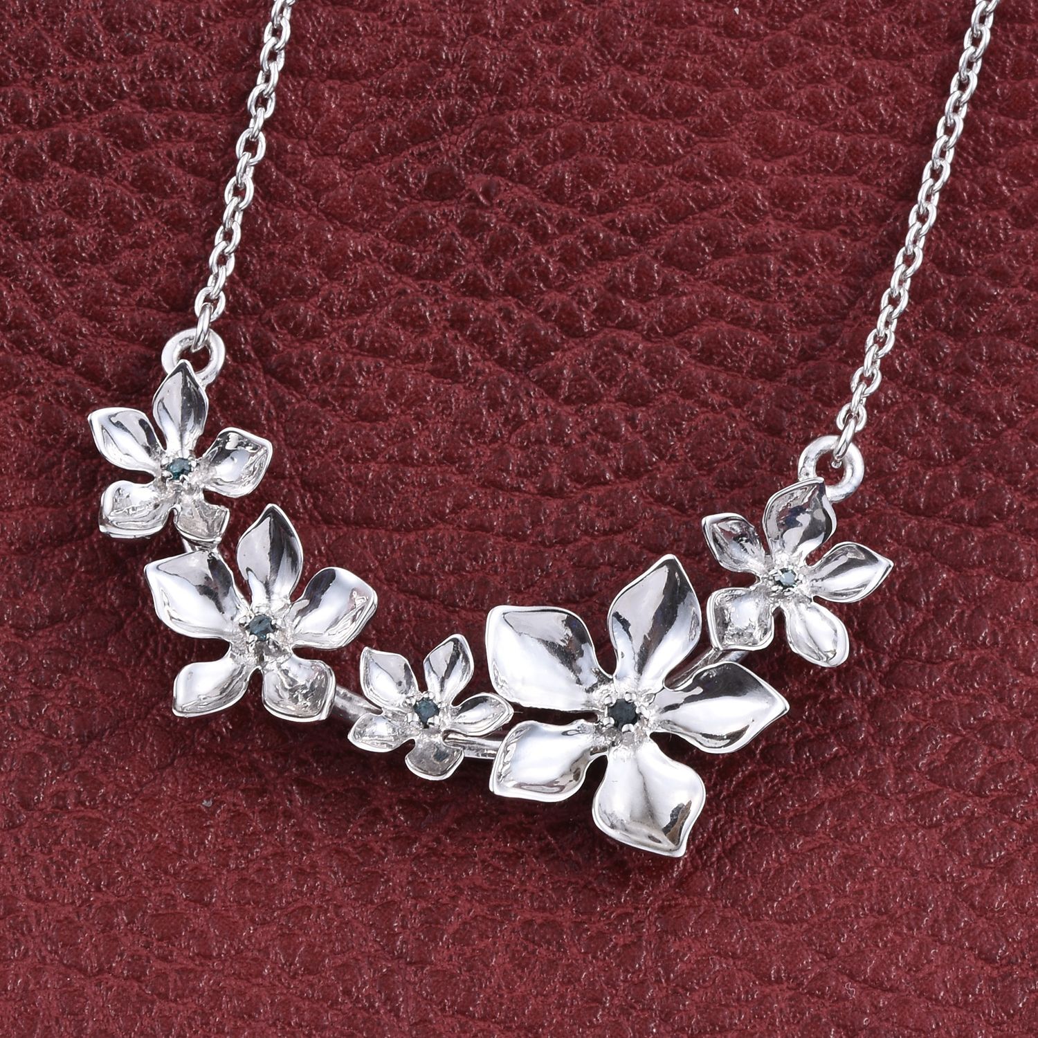 Kimberley Blue Diamond (Rnd) Floral Necklace (Size 18) in Platinum Overlay Sterling Silver