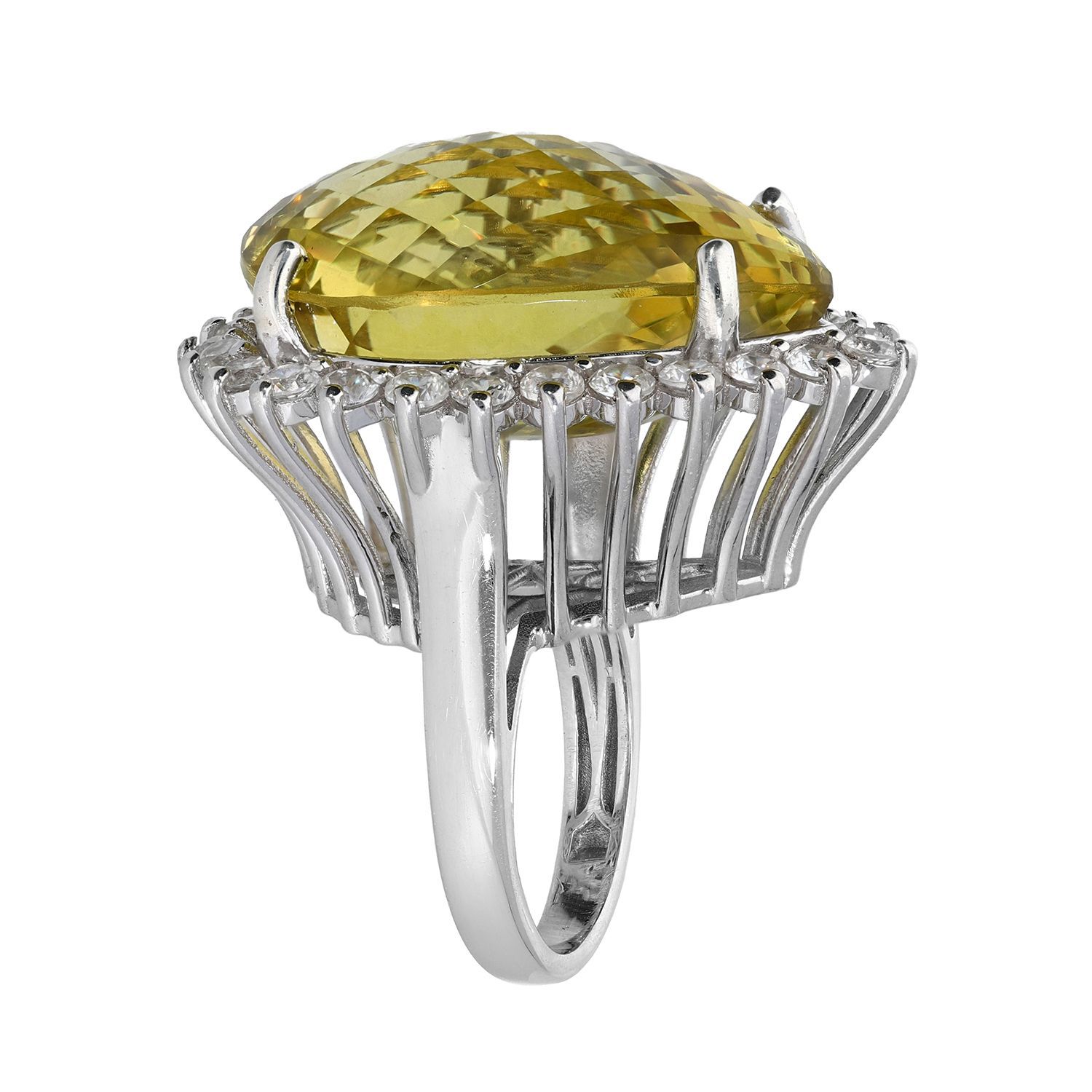 Natural Ouro Verde Quartz (Pear), Natural Cambodian Zircon Ring in Platinum Overlay Sterling Silver 56.750 Ct.