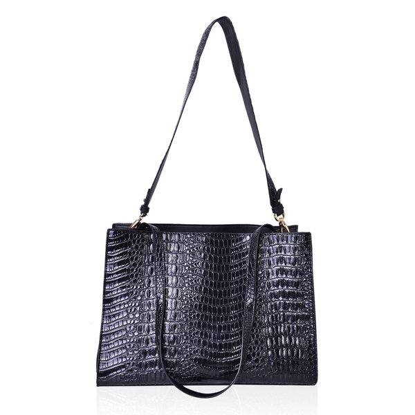 Designer Inspired-Black Colour Croc Embossed Tote Bag with Removable Shoulder Strap (Size 35.5X24.5X