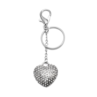 White Crystal Heart Keychain in Stainless Steel