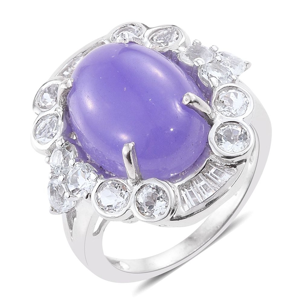 Purple Jade (Ovl 10.75 Ct), White Topaz Ring in Platinum Overlay Sterling Silver 13.000 Ct. Silver w