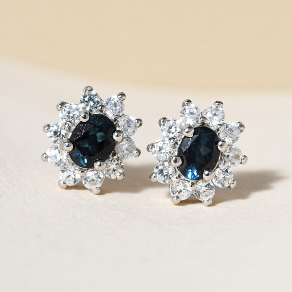 Natural Monte Belo Indicolite and Natural Cambodian Zircon Stud Earrings (with Push Back) in Platinum Overlay Sterling Silver