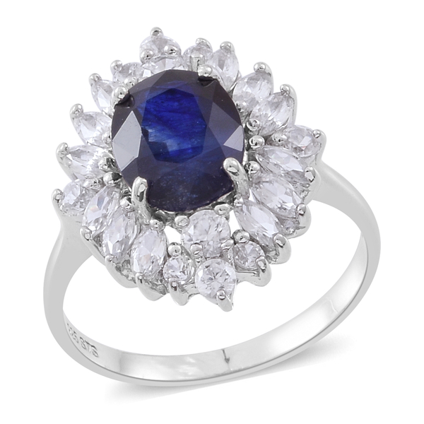 Masoala Sapphire (Ovl 3.70 Ct), Natural White Cambodian Zircon Ring in Rhodium Plated Sterling Silve
