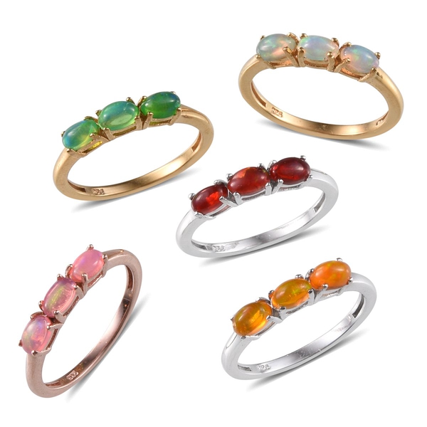Set of 5 - Ethiopian Welo Opal (Ovl), Green, Orange, Pink and Red Ethiopian Opal Trilogy Ring in 14K