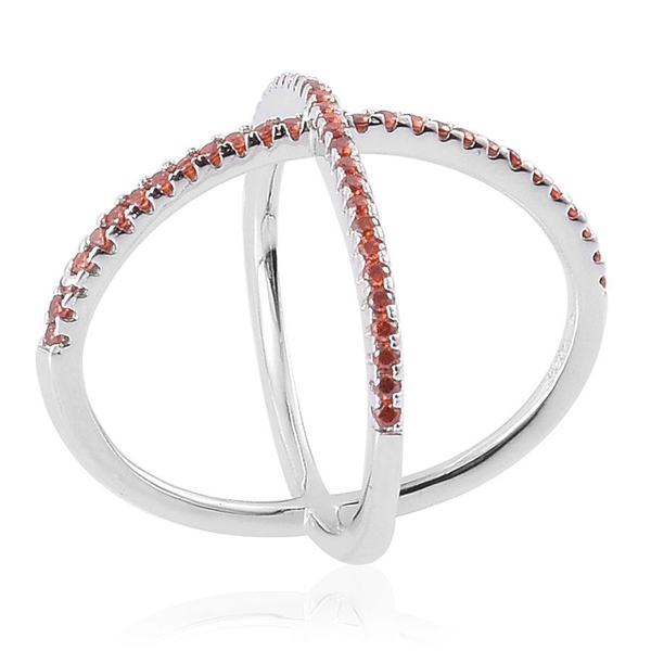 ELANZA AAA Simulated Garnet (Rnd) Criss Cross Ring in Rhodium Plated Sterling Silver