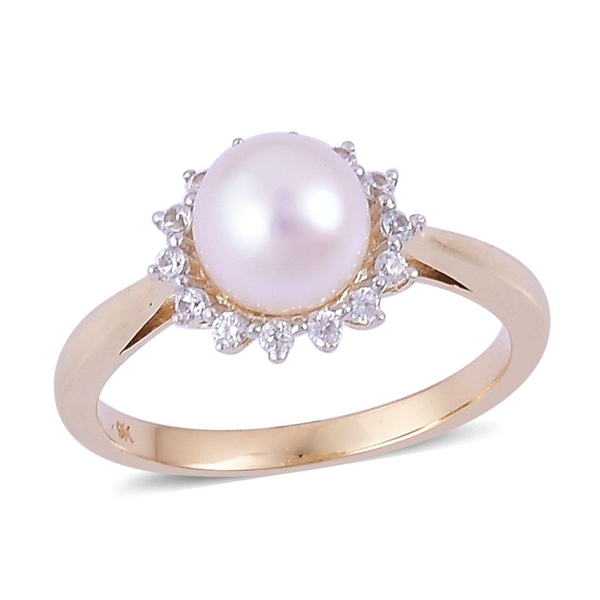 9K Y Gold Japanese Akoya Pearl (Rnd), White Zircon Ring