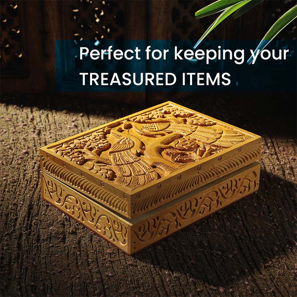 Handmade Peacock Pattern Carved Wooden Storage Box (Size 15x10x5Cm)