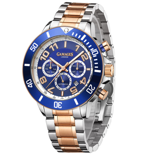 GAMAGES OF LONDON Race Timer Automatic Movement Blue Dial Water Resistant Watch with Two Tone Chain 