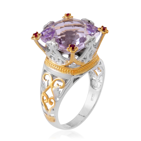 Designer Inspired-Checkerboard Cut Rose De France Amethyst (Cush), Ruby Ring in Rhodium Plated and Yellow Gold Overlay Sterling Silver 12.500 Ct.