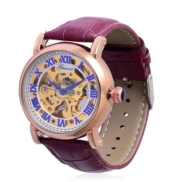 GENOA Automatic Skeleton Water Resistant Watch in Rose Gold Tone with Glass Back and Purple Colour L